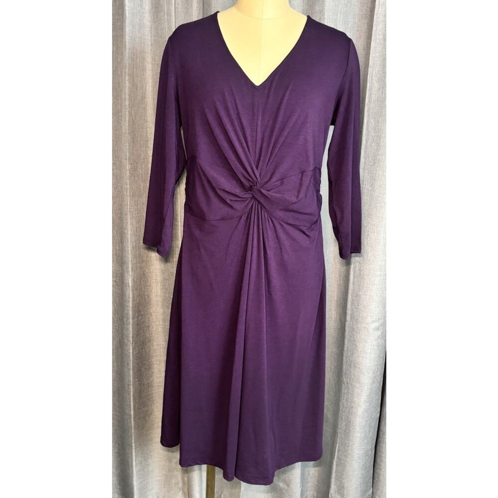 Lands' End Dress Medium Petite 3/4 Sleeve Knit Wrap Front Midi Purple Stretch